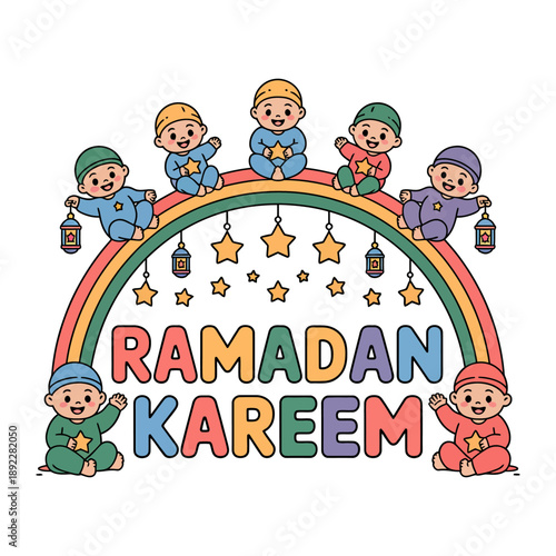 Ramadan Kareem: Adorable babies in colorful attire and crescent moon-shaped stars celebrate the Islamic holy month. A heartwarming image that captures the essence of this period with love, light.
