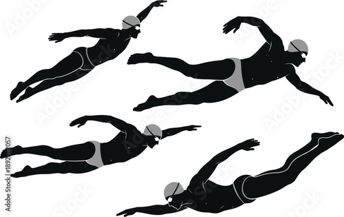 Silhouettes of male swimmers in various strokes and poses during a competition