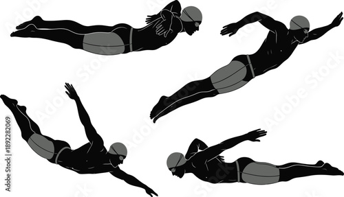 Dynamic silhouettes of male swimmers captured mid-stroke in various competitive styles