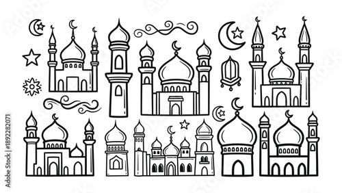 Mosque Elements Illustration: A collection of various mosque illustrations, each with unique architectural details, featuring domes, minarets, and celestial elements, all captured in a simple.