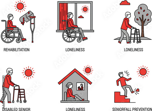 Elderly care concepts: Rehabilitation, loneliness, disability, and senior fall prevention, illustrated in a simple flat style.
