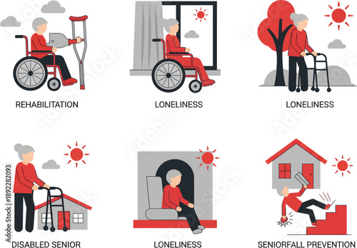 Elderly care concepts: Rehabilitation, loneliness, disability, and senior fall prevention, illustrated in a simple flat style.