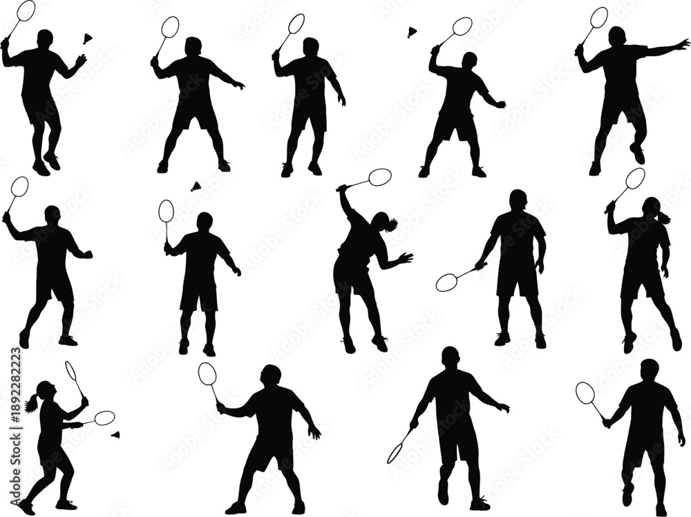Obraz premium Collection of silhouettes of badminton players in action, displaying various serves, volleys, and movements.