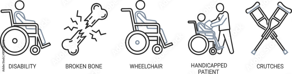 Fototapeta premium Set of icons representing disability: wheelchair, broken bone, patient assistance, and crutches for medical and healthcare themes.