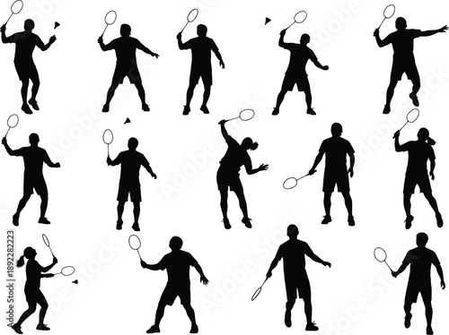 Collection of silhouettes of badminton players in action, displaying various serves, volleys, and movements.