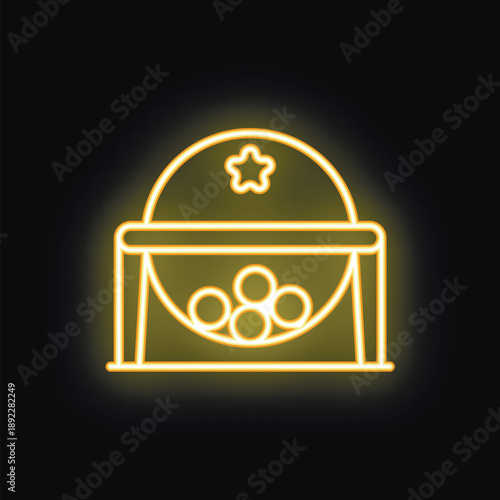 Yellow neon lottery machine with lottery balls inside for casino business glowing on a black background