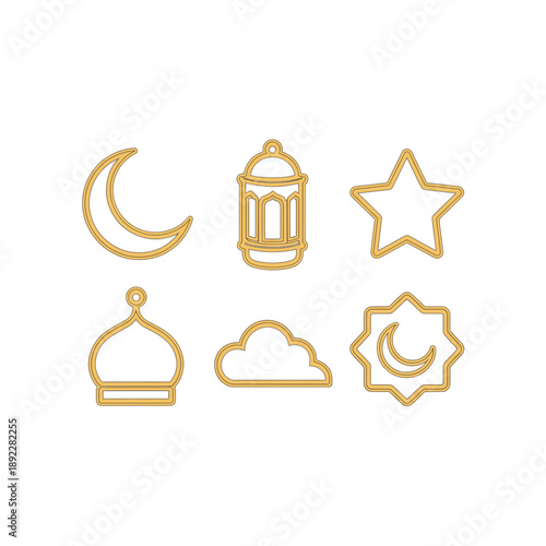 Islamic Symbols: A set of elegant golden symbols representing various Islamic cultural and religious elements. The designs exude an air of spirituality and artistry.