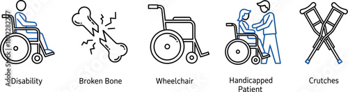 Set of icons representing disability: wheelchair, broken bone, patient assistance, and crutches for medical and healthcare themes.