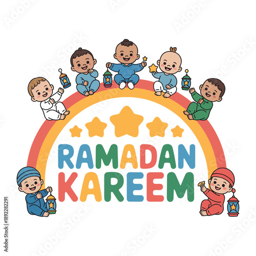 Ramadan Kareem Joy: Adorable diverse babies surround a colorful Ramadan Kareem text and a rainbow, creating a cheerful and inclusive illustration for the festive season.
