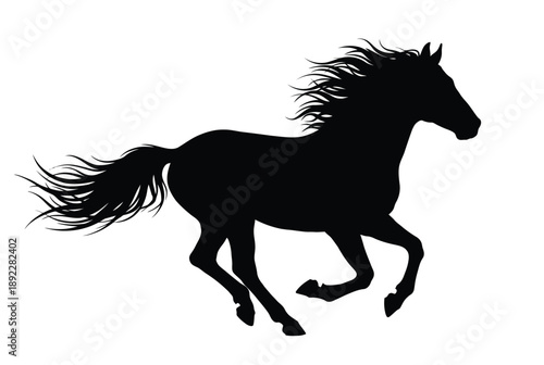 A black silhouette of a horse running with its mane and tail flowing in the wind.
