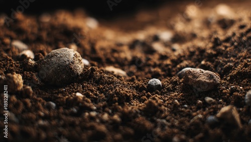 A close-up view of soil with rocks and pebbles in a natural outdoor environment