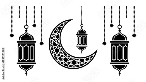 Islamic Art: A crescent moon and intricately designed lanterns in an illustration, symbols of Ramadan, elegantly capture the spirit of reflection and celebration.
