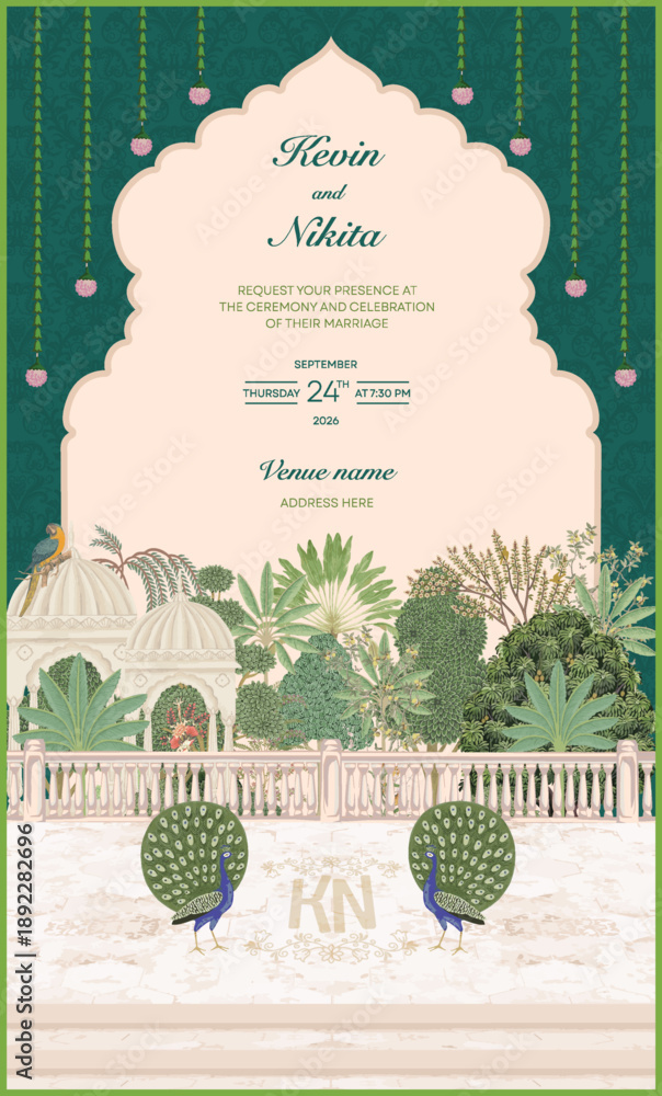 Fototapeta premium Traditional Indian mughal arch invitation card design with peacocks, tropical trees, palace, bird, hanging flowers, fence, designed floor and stair. vector illustration 