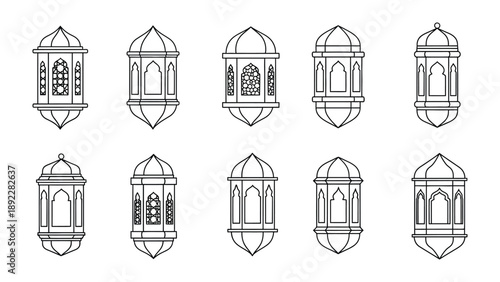 Islamic Lanterns: An array of detailed Islamic lanterns, elegantly illustrated. Showcasing traditional architectural design, each lantern emits a sense of culture, heritage, and religious symbolism.