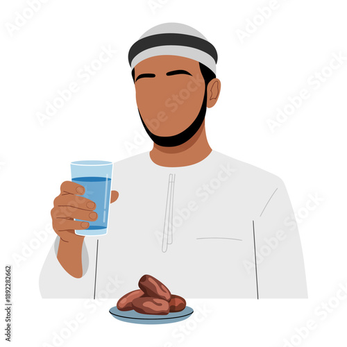 Ramadan Iftar: A serene illustration of a man preparing to break his fast with a glass of water and dates, representing the sacred tradition of Ramadan and the spirit of peace and reflection.