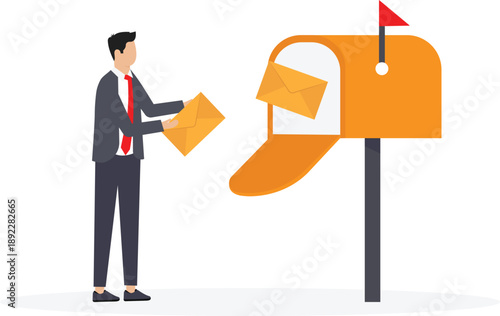 Email Marketing Scenes and Businessman Using Online Postbox and Sending Advertising Emails. Businessman Holding Envelopes and Reading Letters. 

