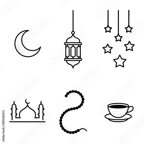 Ramadan Icons: A set of six elegant line art icons celebrating the spirit of Ramadan, depicting traditional elements like crescent moon, lantern, stars, mosque, prayer beads and coffee cup
