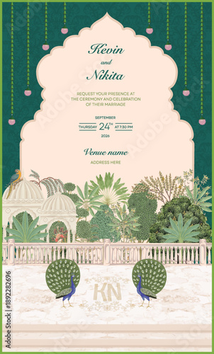 Traditional Indian mughal arch invitation card design with peacocks, tropical trees, palace, bird, hanging flowers, fence, designed floor and stair. vector illustration 
