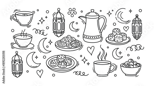 A Fusion of Culture: A captivating illustration featuring iconic elements of cultural festivities including traditional dishes, tea and lanterns.