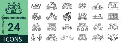 Collection of Corporate Meeting Icons Representing Business Discussions and Office Environments in Various Settings