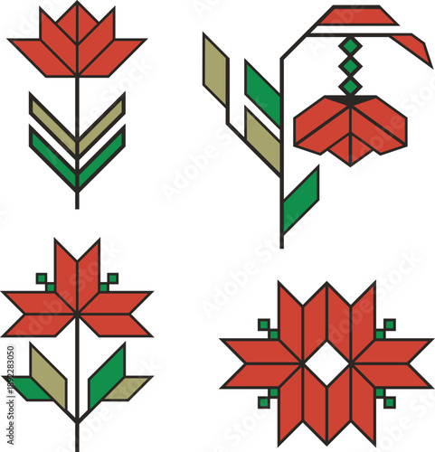 Slavic, Balkan, Bulgarian traditional decorative red floral ornaments. Vector decor motifs for folklore costumes, clothing, textile, embroidery. Cultural heritage. National Bulgarian red rose symbols.