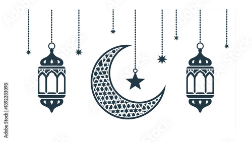 Ramadan Night Design: A serene illustration presents a crescent moon and stars, embellished with decorative lanterns, representing the spirit of the holy month. 