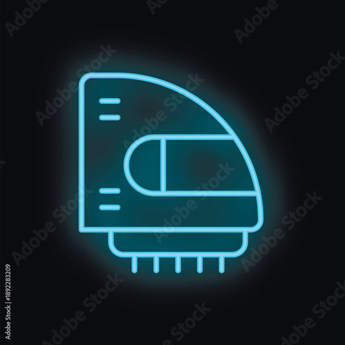 Blue glowing neon line electric head massager for home hair growth stimulation and anti hair loss comb icon isolated on black background