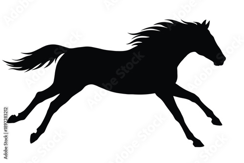 A black silhouette of a horse running freely on a white background