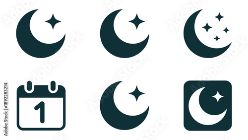 Lunar Icons: A collection of celestial icons, depicting the moon alongside stars and the calendar, evoking the mystique of the night. 