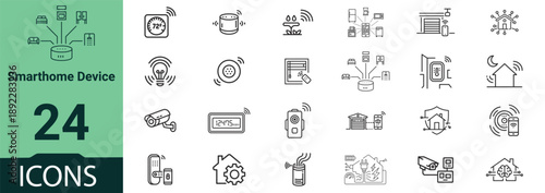 Collection of 24 modern SmartHome Device icons displayed on a clean white background from a straightforward viewpoint