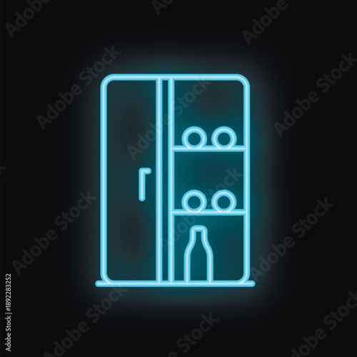 Blue neon sign of a refrigerator storing bottles and food, glowing on a dark background