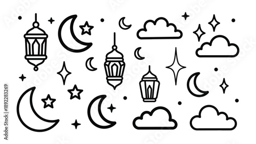 Celestial Harmony: An array of stylized crescent moons, radiant stars, intricate lanterns, and fluffy clouds, evoking a sense of tranquility.