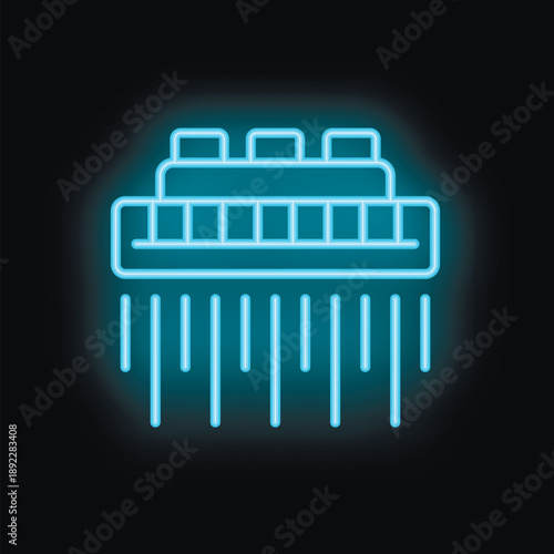 Blue neon icon of a harmonica glowing on dark background