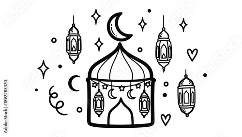 Mosque and Lanterns: An artistic line drawing depicts a mosque, adorned with crescent moons and glowing lanterns, creating a tranquil atmosphere, inviting reflection and serenity.