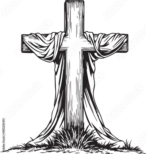 Wooden cross draped with cloth symbol of resurrection sacrifice and faith black and white vector illustration
