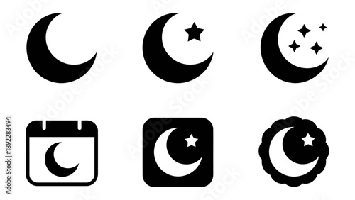 Nighttime Symbols: A collection of simple, elegant icons depicting the moon and stars, perfect for illustrating themes of night, time, and celestial wonder.