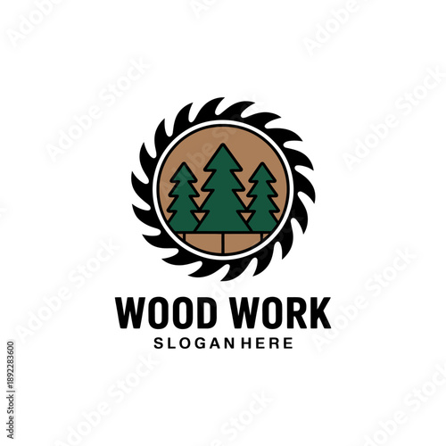 wood work logo with trees and saw blade