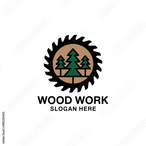 wood work logo with trees on saw blade