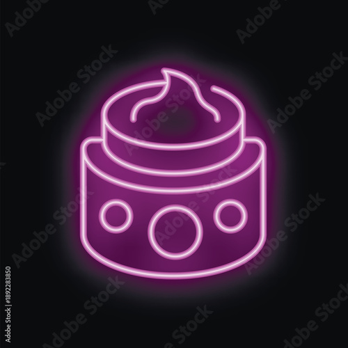 Purple neon sign illustrating a jar of moisturizing face cream, over black background