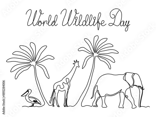World Wildlife Day, Palm trees,elephant,giraffe,pelican,African animals, continuous single one line art hand drawing sketch logo on white background