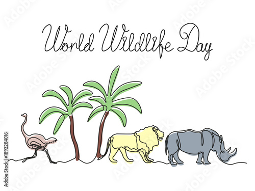 World Wildlife Day, Palm trees,ostrich, lion, rhinoceros,African animals, continuous single one line art hand drawing sketch logo on white background