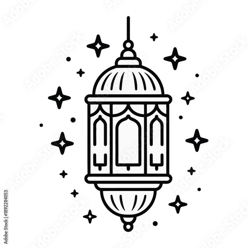 Ornate Lantern in Stellar Radiance: An intricate line drawing captures a beautifully designed lantern, radiating celestial light through surrounding stars.