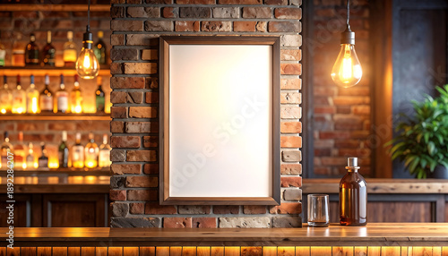 A mockup of a empty white poster on a brick wall in a bar