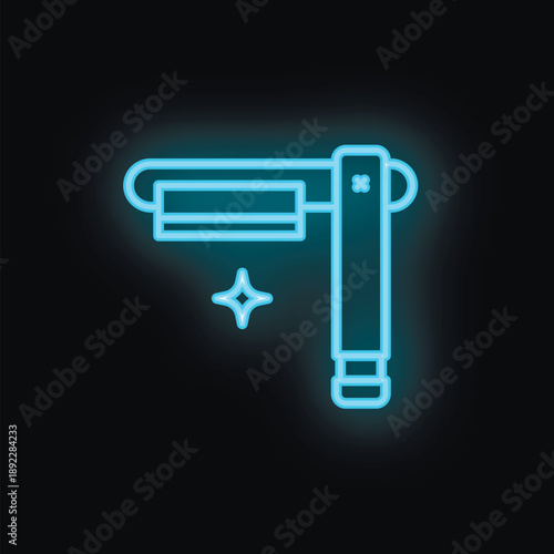 Blue neon icon of a straight razor shining in the dark with copy space