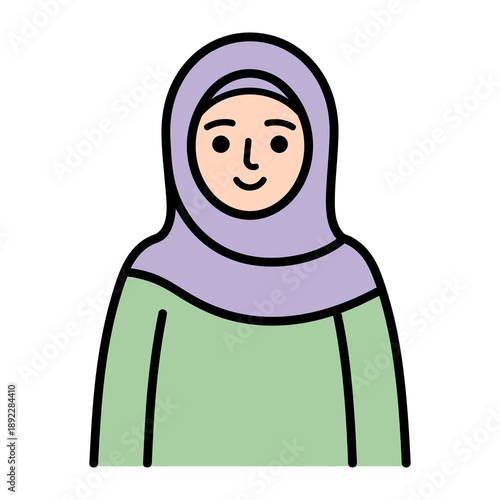 Smiling Portrait of Woman: A minimalist illustration of a woman wearing a hijab, exuding a sense of peace and approachability, perfect for cultural and lifestyle depictions.