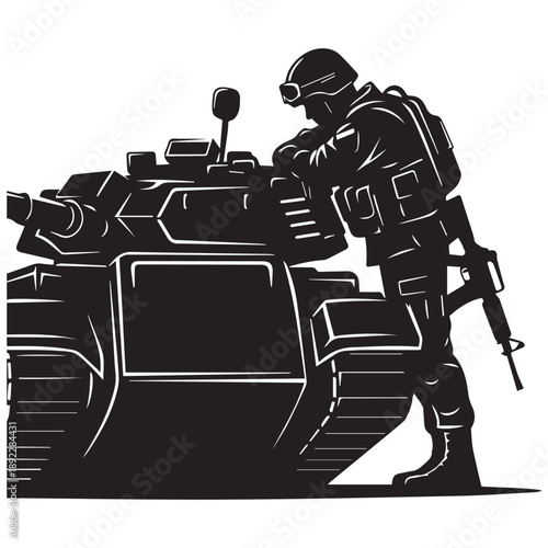 Soldier Leaning on Tank Silhouette - Military and Armor Vector Art