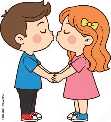 Cute cartoon boy and girl kissing holding hands sweet love moment flat vector illustration for valentines day children romance concept