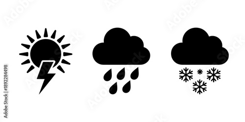 Weather icons for sunny stormy rainy and snowy conditions on white background