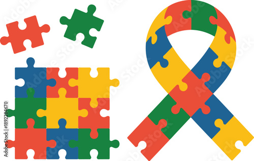 puzzle, Colorful puzzle pieces vector, red, blue, green, and yellow jigsaw with one floating piece