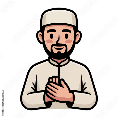 A Devout Greeting: An illustration of a man with a beard and a traditional cap, wearing a modest, light-colored outfit, offering a respectful greeting.
